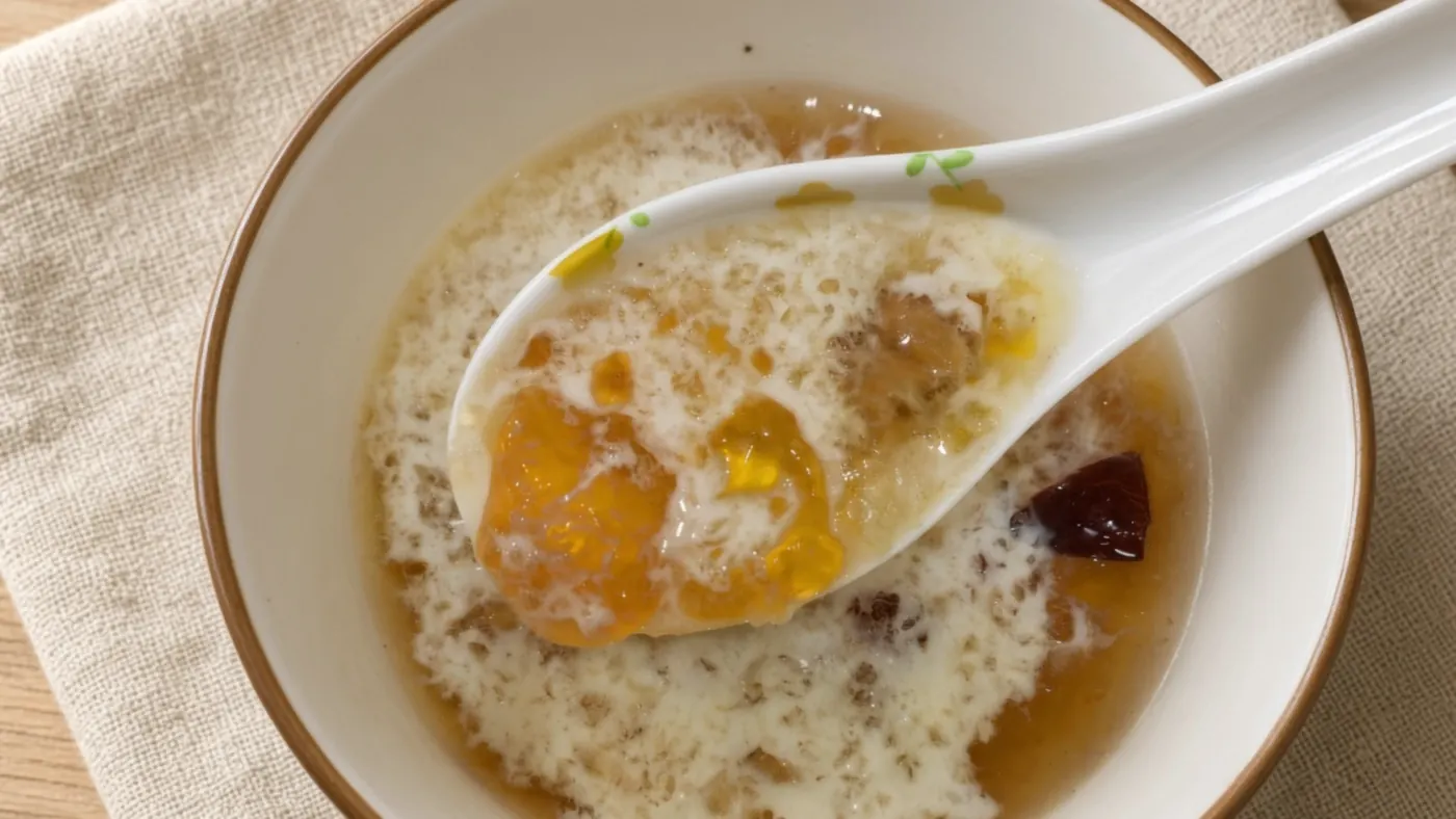 白碗放在木桌的亚麻布上,汤匙从碗里捞起金黄的桃胶,牛奶淋在上面,旁边一颗红枣。