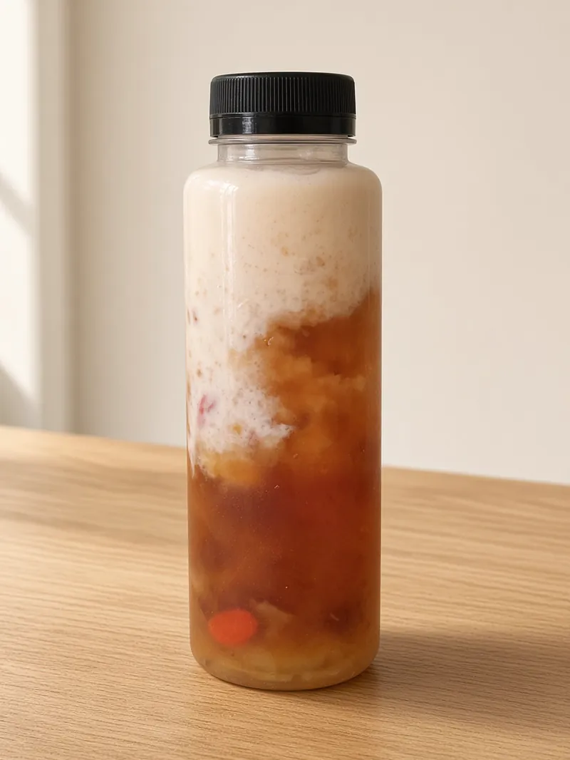 一瓶桃胶雪燕牛奶立在木桌上,上层是牛奶,下层是金黄的桃胶和雪燕。