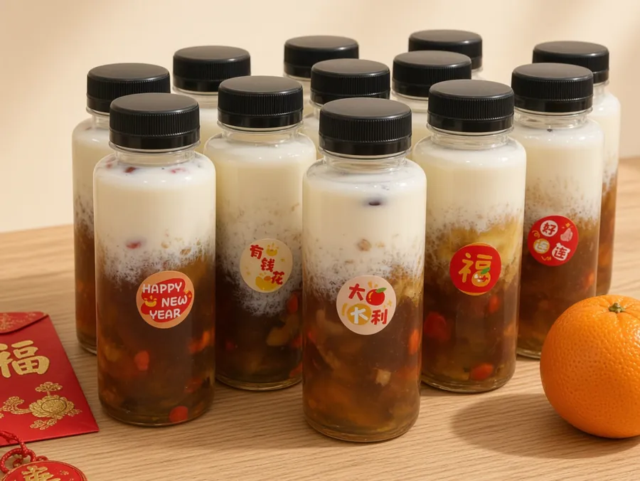 贴着祝福贴纸的桃胶雪燕牛奶瓶,贴纸有 Happy New Year、有钱花、大吉大利、福、好运连连,旁边放红包和柑橘。